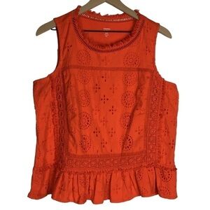 CROWN & IVY Tank Top Sleeveless Eyelet Lace Fringe Tangelo Petite Size Large PL